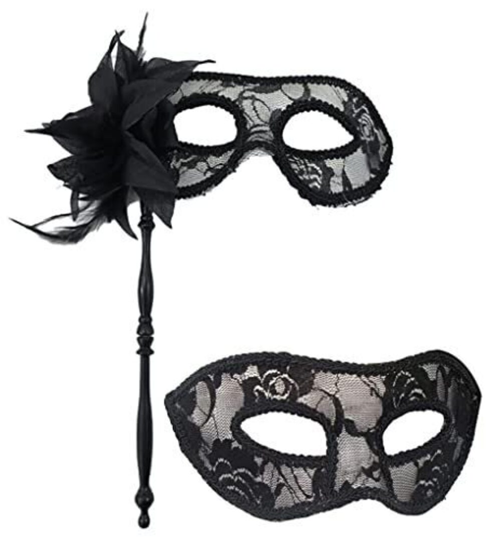 7549 Couples Foldable Handheld Lace Veil Translucent Mask with Side Feather